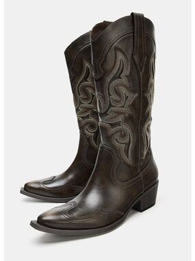 Zara Cowboy Boots in brown with contrasting embroidery